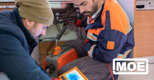 Plumbers looking at drain.